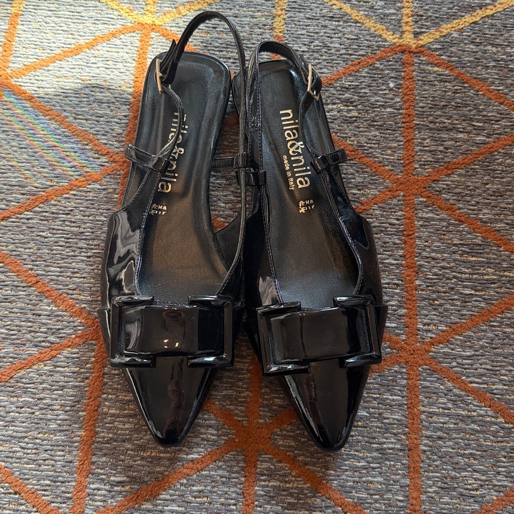 Made in Italy Black Patent Pointed-Toe Slingback Flats